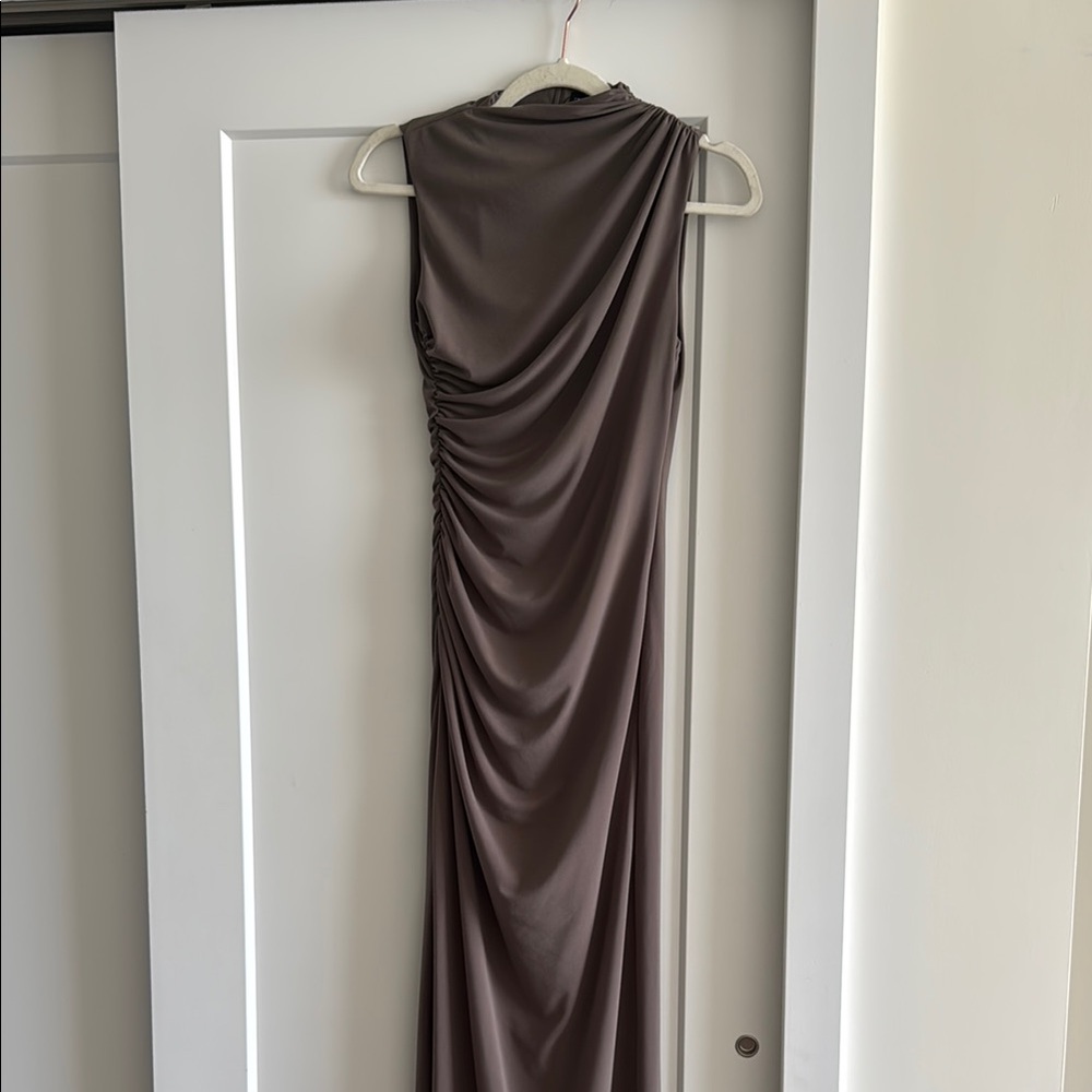 Zara Brown Asymmetrical Ruched Cocktail Dress